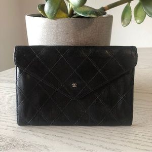 Chanel quilted black leather flap envelope wallet